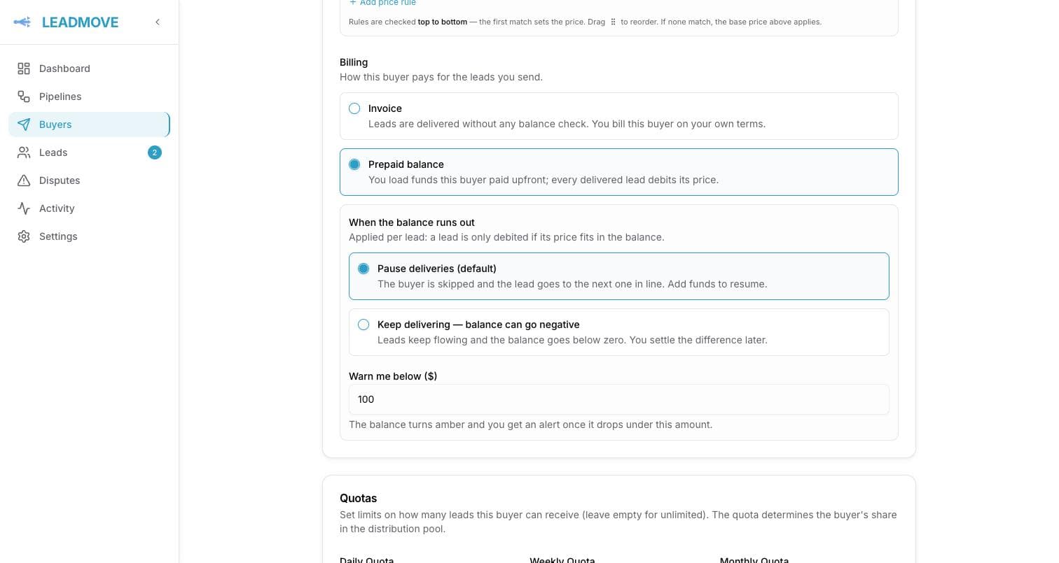 The Billing block on a buyer, set to Prepaid balance rather than Invoice, with "Pause deliveries" chosen for when the balance runs out and a warn-me threshold of $100.
