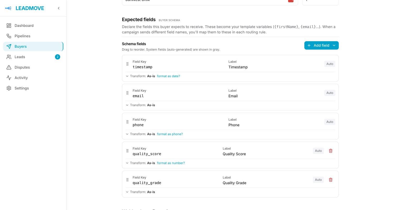 The Expected fields list on a buyer's delivery method: draggable rows for timestamp, email, phone, quality_score and quality_grade, each showing its field key, the label the buyer sees, and its transform (all "As-is" here, with shortcuts to format as date, phone or number).