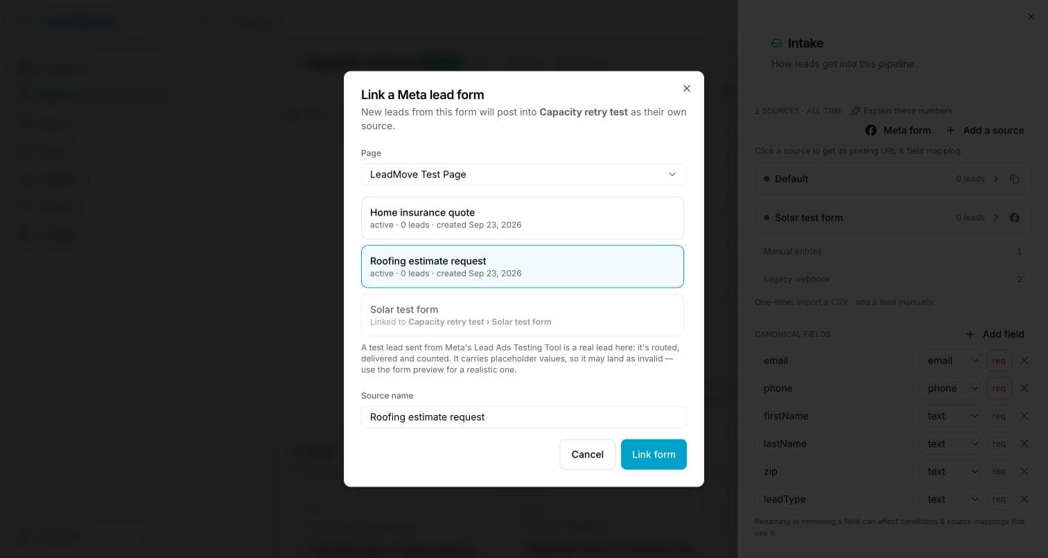 The Link a Meta lead form dialog: a Page selector, then three forms listed with their status, lead count and creation date, the second one selected, and the Source name field below it filled with the form's name.