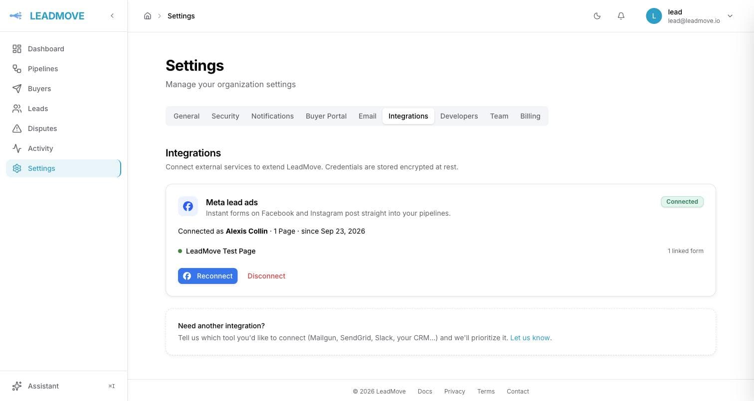 The Meta lead ads card in Settings, Integrations: connected as the Page admin's name, the Page listed with a green dot and its number of linked forms, and the Reconnect and Disconnect buttons at the bottom.