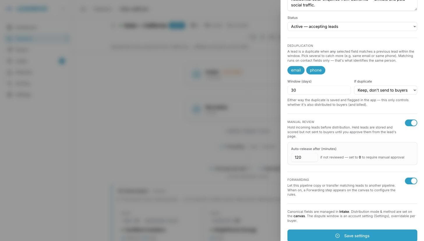 The pipeline's Deduplication settings with both email and phone selected as matching fields, a 30-day window, and the action set to "Keep, don't send to buyers"; the Manual review and Forwarding switches sit underneath in the same panel.
