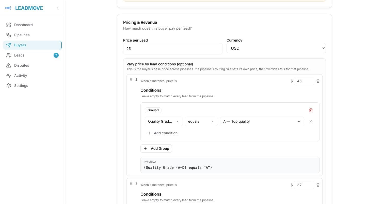 A buyer's Pricing & billing panel: a $25 base price per lead, then "Vary price by lead conditions" holding an ordered rule that pays $45 when the Quality Grade equals A, with a second rule at $32 below it.