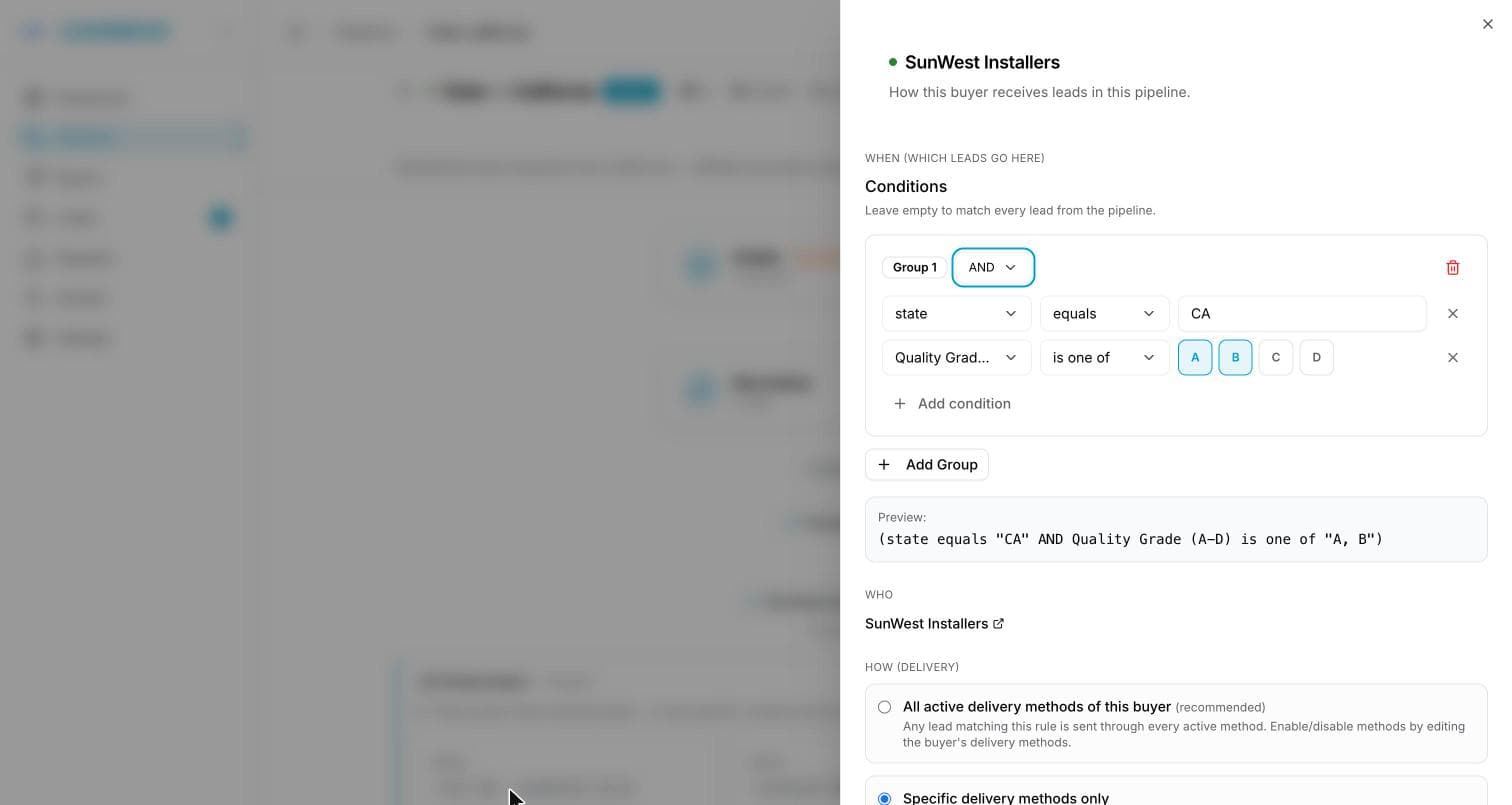 A buyer's routing rule panel: one AND group requiring state equals CA and Quality Grade to be one of A or B, the plain-English preview of that condition, then the WHO and HOW sections with the delivery-method choice.