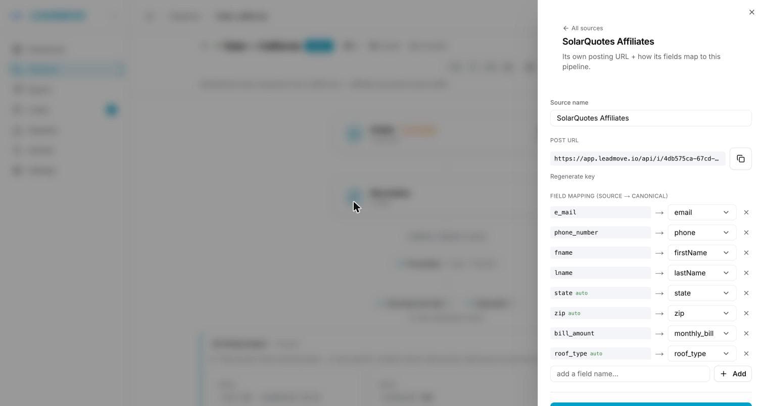 A source editor: the supplier's name, its own POST URL with a copy button and a Regenerate key link, then the field mapping turning e_mail, phone_number, fname and lname into email, phone, firstName and lastName, with already-matching names tagged auto.