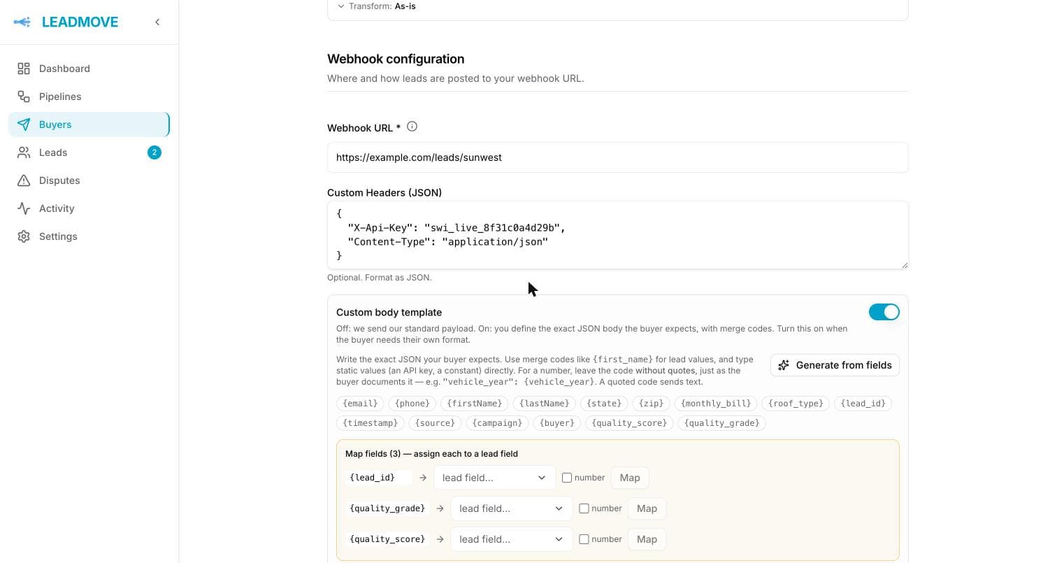 A webhook delivery method: the buyer's https URL, custom headers carrying their API key as JSON, and Custom body template switched on, listing every merge code available plus the codes still waiting to be mapped to a lead field.