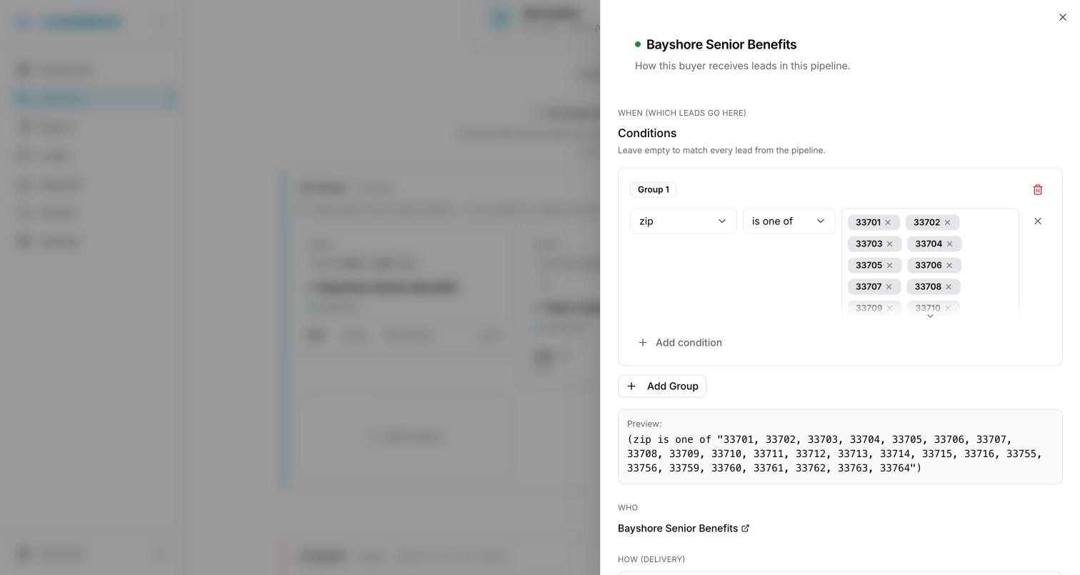 A buyer's routing rule: one condition where zip is one of a pasted list of Tampa Bay zip codes, shown as chips, with the plain-English preview LeadMove writes below the condition.